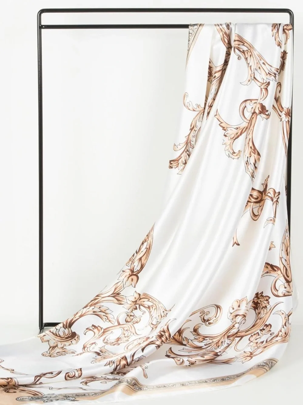 Elegant White & Beige Scroll-Print Silk Scarf
